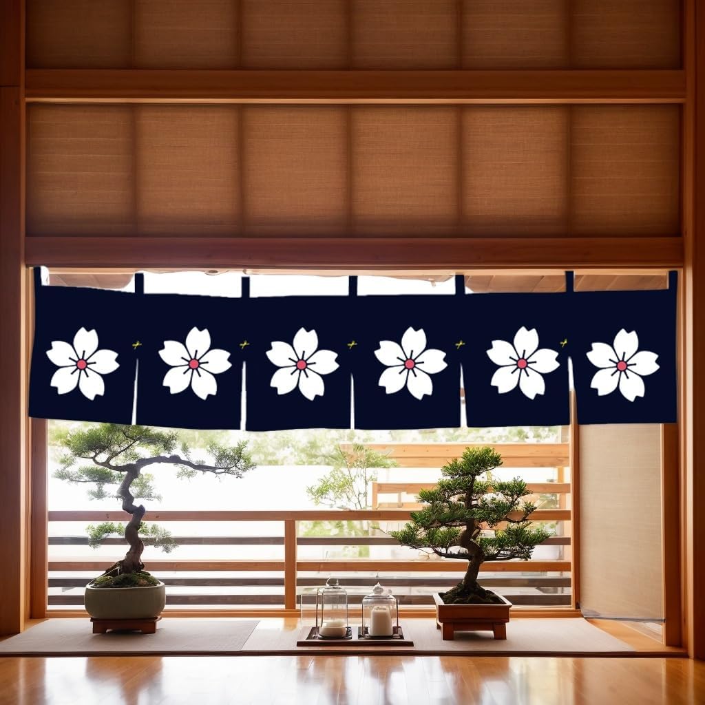 Noren (Japanese Curtain) Sakura Pattern Doorway Short Curtain for Japanese Sushi Bar Decoration 40×90CM,Blue