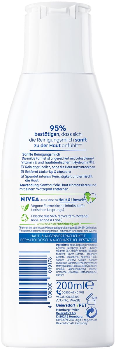 NIVEA Delikatne mleczko oczyszczające do normalnej i suchej skóry, środek do demakijażu dokładnie oczyszcza, łagodne oczyszczanie twarzy, usuwa makijaż i wodoodporny tusz do rzęs, środek do
