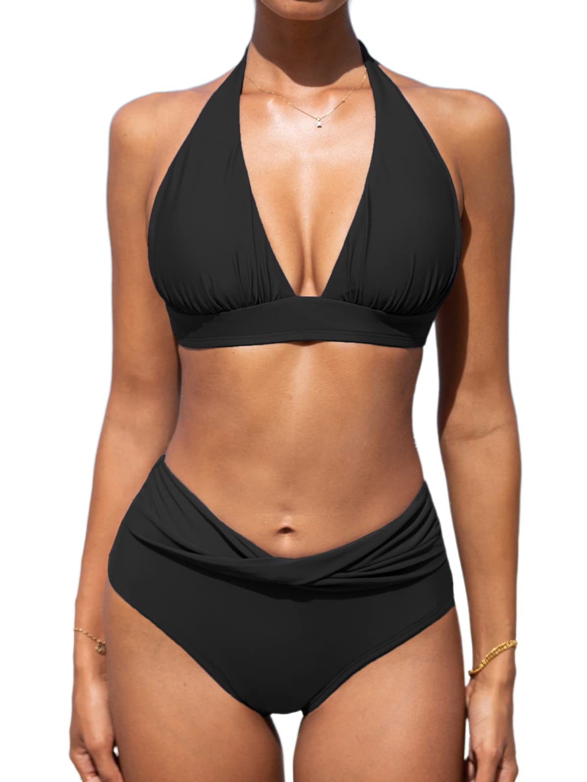 CUPSHE Bikini Set for Women Tummy Control Halter Mid Rise Self Tie Backless  Ruched V Waistline Bottom Two Piece Swimsuits Swimming Costume