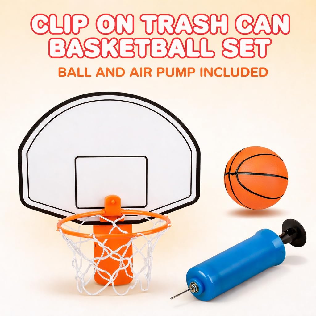 ArtCreativity Mini Basketball Hoop Trash Can Set, Includes Clip-On Hoop with Backboard, Inflatable Ball and Pump, Fun Basketball Stocking Stuffers for Kids, Office Toys for Adults, Classroom Games