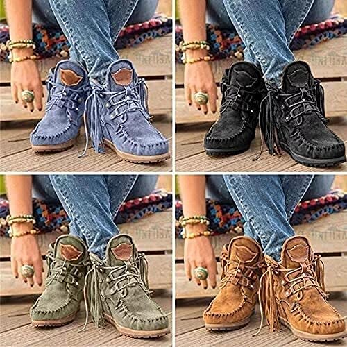 HXZDEY New Women's Suede Retro Ankle Boots,Non-Slip Comfort Ankle Booties 3-Arch Support - Ladies Everyday Boots,Winter Round Toe Roman Retro Fringe Short Flat Shoes (Color : Brown, Size : 40 EU)2