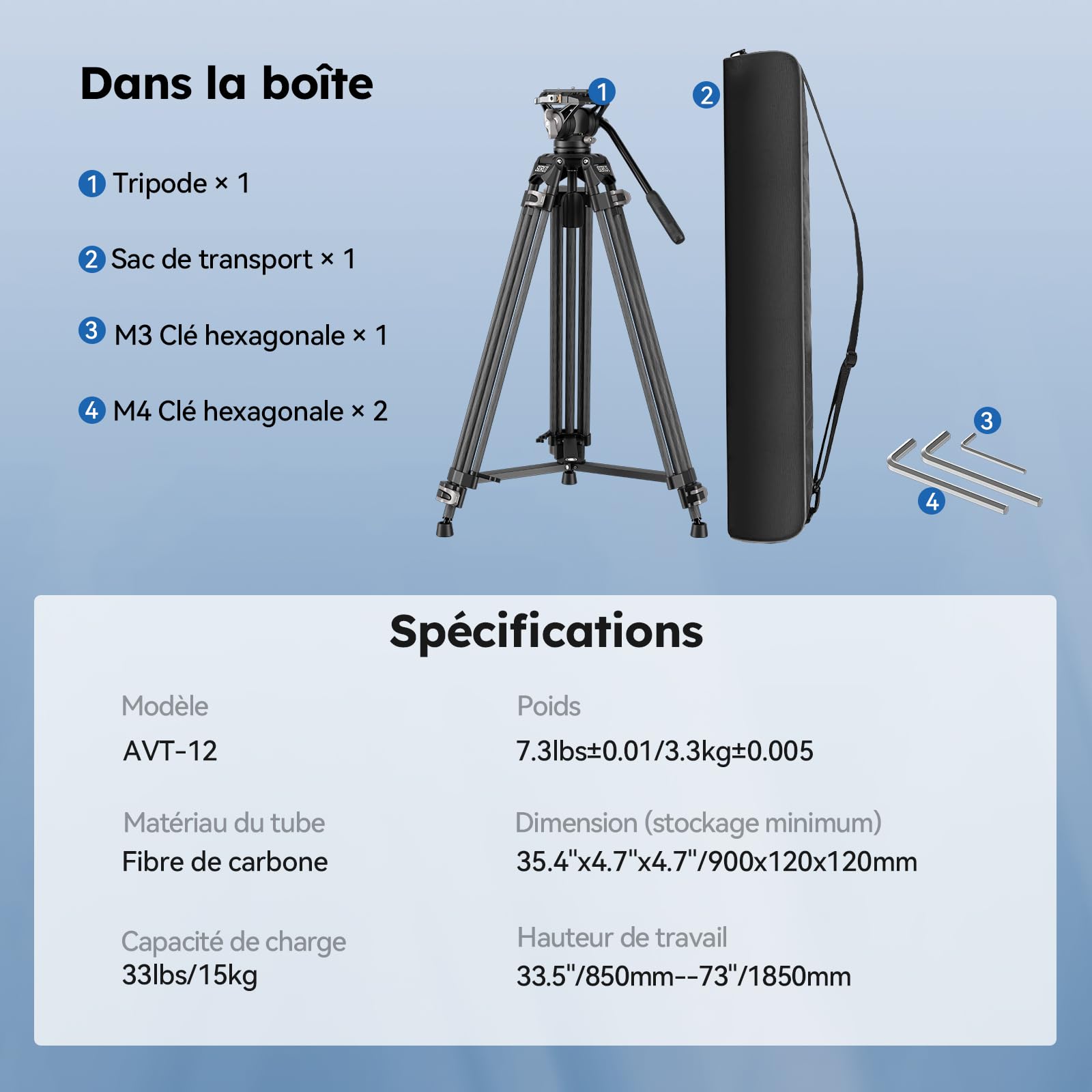 SIRUI Trépied Vidéo en Fibre de Carbone à Dégagement Rapide, 185cm Trépied Robuste avec Tête Fluide et Système de Verrouillage Rapide en Une Étape, pour DJI et pour Manfrotto, Max 15 kg, AVT-12