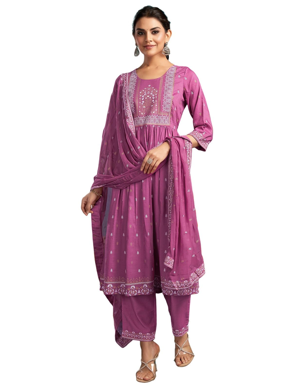 Sanisa Women's Chinnon Pigment & Foil Printed Anarkali Kurta With Pant And Dupatta Set (66Kbd755Nb-Xl_Dusty Pink)