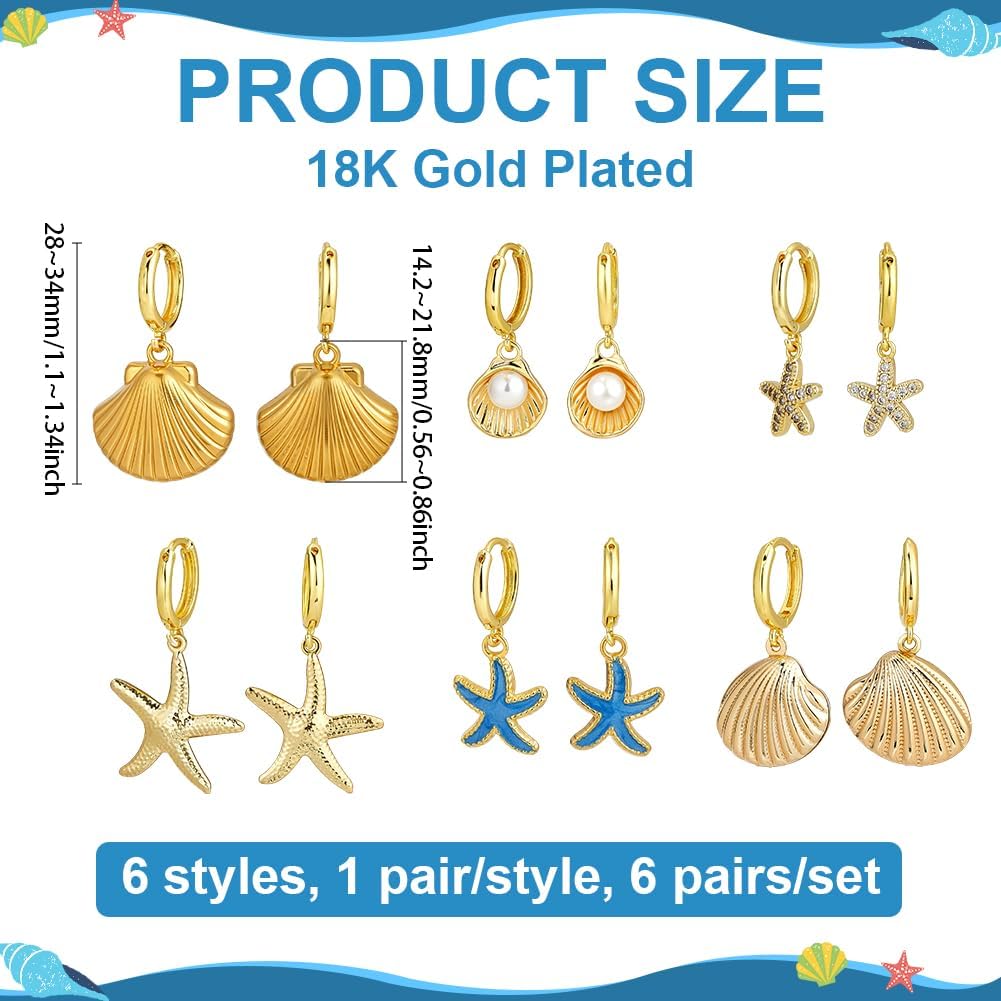 PH PandaHall 6 Styles 18K Gold Plated Huggie Earrings 6 Pairs Starfish Shell with Pearl Hoop Earrings Micro Pave CZ Earring Enamel Sea Star Drop Dangle Earring for Valentines Christmas Mother's Day - Image 2