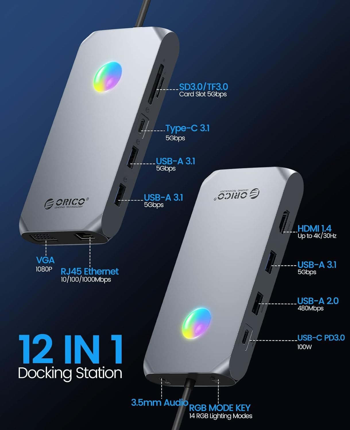 Docking station USB HUB, ORICO 12 in 1 RGB USB C, adattatore 4K HDMI, 100W Power Delivery, 1 Gbps Ethernet, 4 porte dati USB 3.0, SD e TF 3.0, 1080P VGA, audio 3.5 mm, 14 tipi di illuminazione RGB