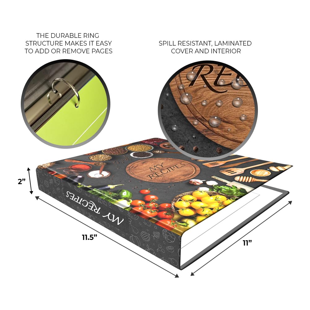 Raccoglitore per ricette a 3 anelli, 21 x 28 cm, 12 schede ricettario per ricette proprie, ricettario da scrivere nelle tue ricette, raccoglitore per ricette a pagina intera con maniche in plastica,