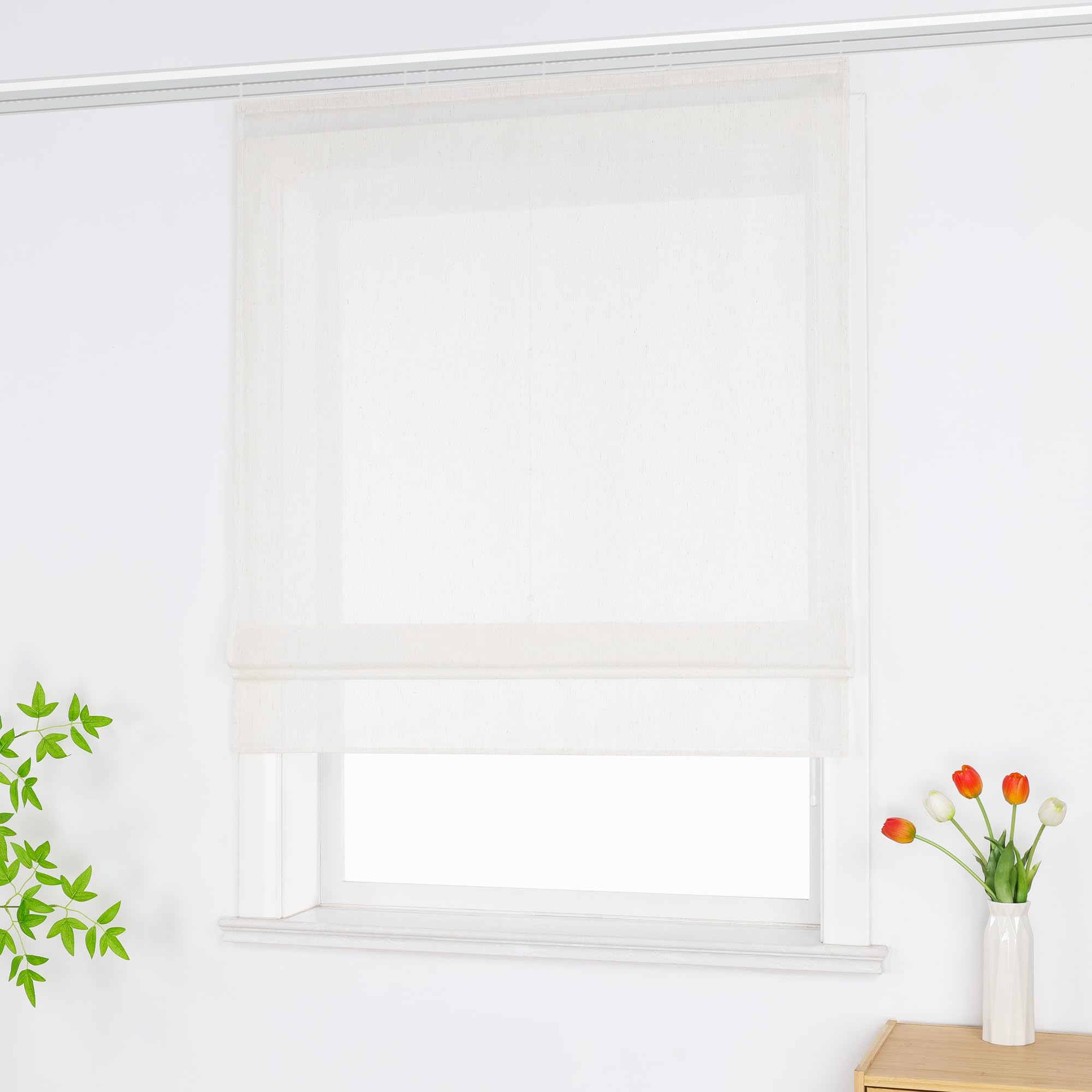 ESLIR Raffrollo mit Klettband Raffgardine Leinenoptik Transparent Beige 140x140 cm