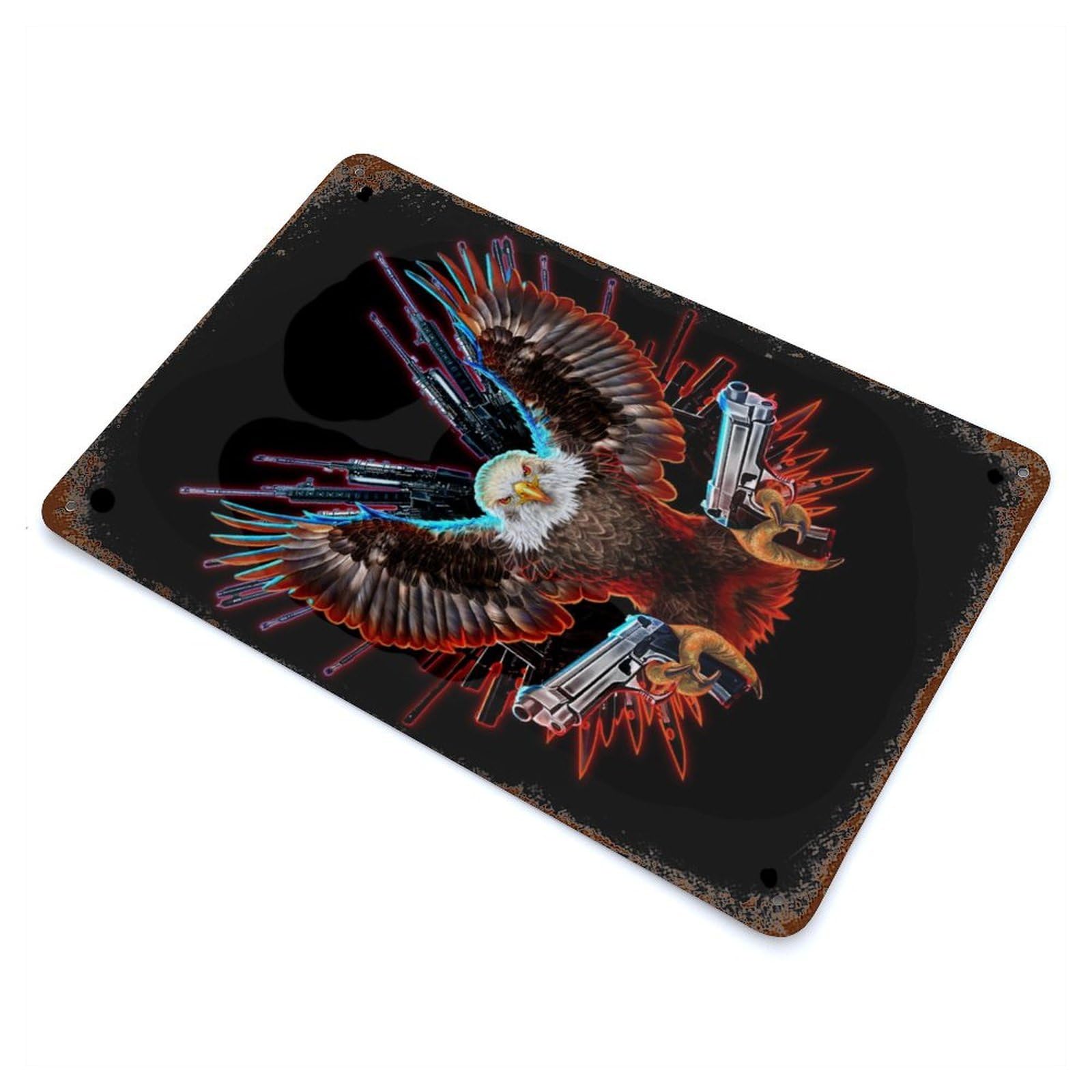 Garage Style Bald Eagle with Guns Weathered Tin Sign 11.8"x7.9", Classic Wall Plaque for Bar And Workshop