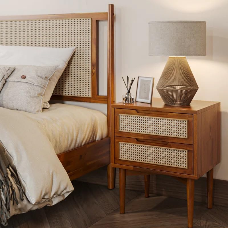 Image of MISAN Boston Solid Wood Bedside Table with Rattan Drawers Mid Century Night Stand for Living Room, Bedroom (Y-Hony)