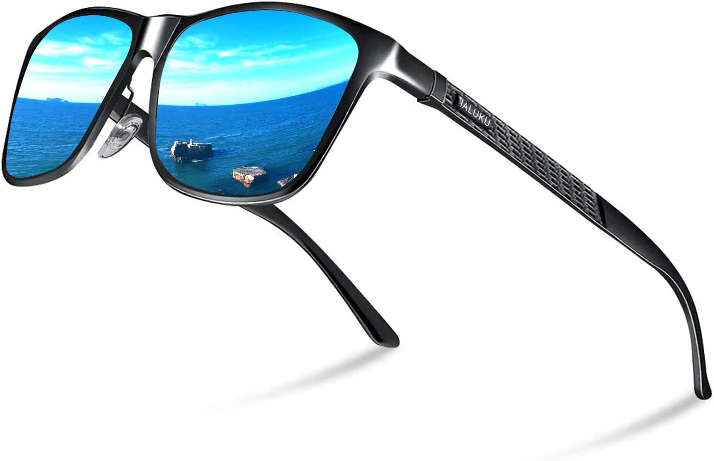 IALUKU Retro Driving Polarized Sunglasses for Men Square Metal Frame UV Protection (Black/Blue, 61)