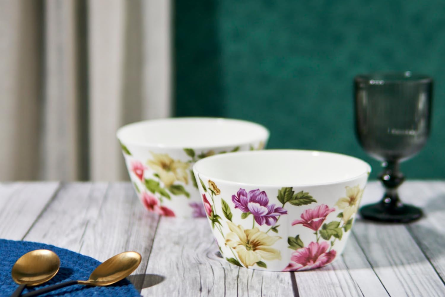 Handcrafted Bowls for Serving Snacks, Meals, Salads, and Noodles | Set of 2 | Microwave Safe | 5 Inch Wide - Floral Harmony