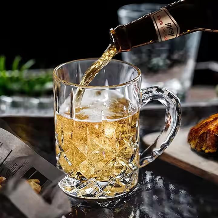 Image of Melbify Beer Mug | 400 ml | Set of 4 | Elegant Cut & Textured Handle Design | Mug with Handle | Classic Beer Glasses | Premium | Heavy | Perfect for Beer, Cider,Cocktails,Mocktails | Gift Set