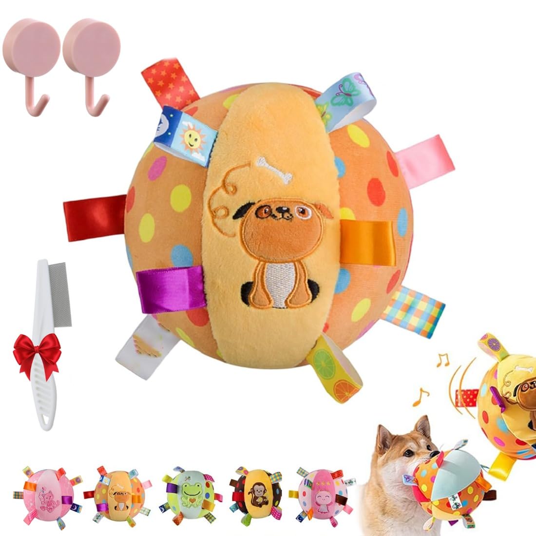 Qosneoun Colorful Squeaky Hanging Dog Training Toy, Puppy Play Gym with Built-in Bell, Soft Stuffed Cotton Ball Bungee Chew Toys for Small Medium Dogs Interactive Training (Dog)