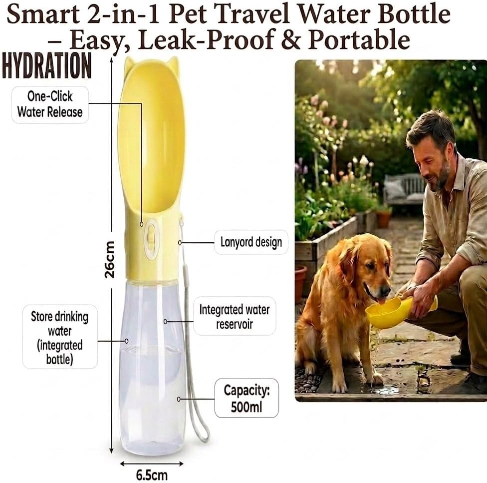 Luxury 5-Piece All-in-One Pet Travel and Walking Accessories Kit - Professional Self - Cleaning Brush, 2-in-1 Water Bottle, Hair Remover, and Holder with Operational Sample Bag Rolls for Dogs & Cats