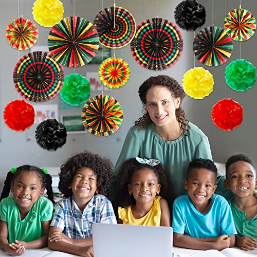 Image of Outus 42 Pcs Juneteenth Decorations Hanging Paper Fans Juneteenth Tissue Paper Poms Red Green Yellow Classroom Garland Ceiling Decor for Kente African American Party Supplies