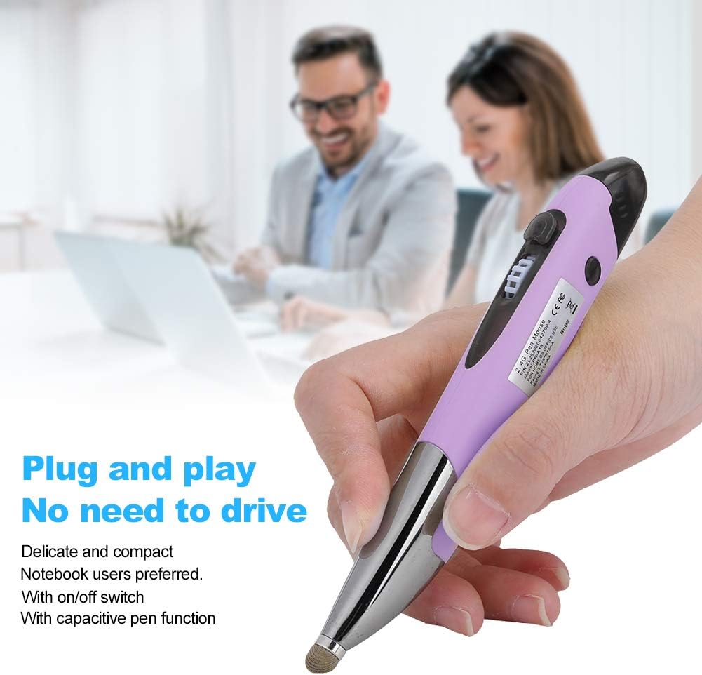 A hand holding the VBESTLIFE 2.4G Wireless Mouse Pen, demonstrating its ergonomic design for comfortable use, with a blurred background of people working on laptops.