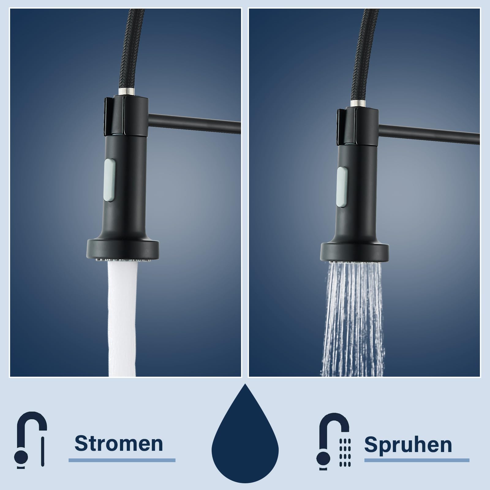 Wasserhahn Küche Schwarz Küchenarmatur mit Brause Mischbatterie Küche 360° Drehbar 2 Sprühfunktionen Spültischarmatur