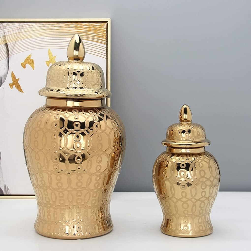 Jarrones de cerámica dorada con tapa para decoración del hogar, tarro de templo con tapa, jarrón de porcelana envejecida, tarro de regalo para sala de estar y oficina (dorado L)