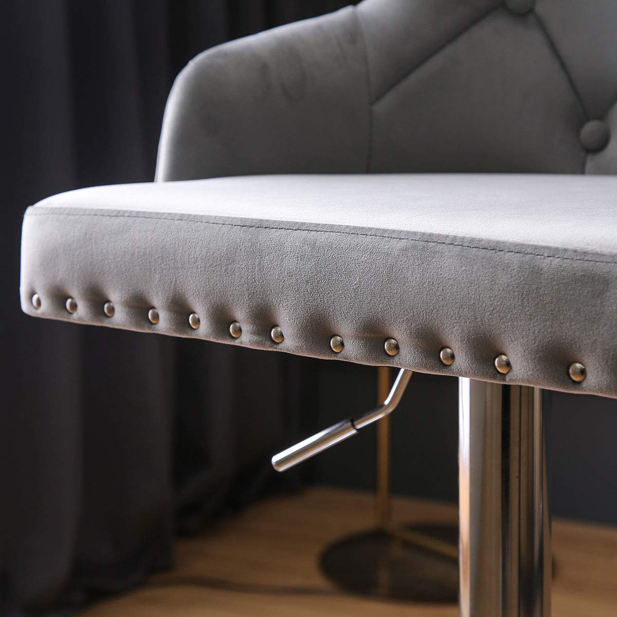 Hironpal Grey Velvet Bar Stool Set of 2 Chairs, Studded Bar stool with