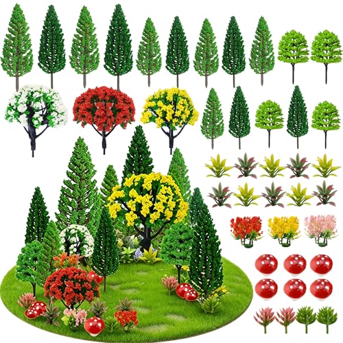 36pcs Model Trees Mixed Model Flower Trees Railroad Scenery Diorama Tree Mushroom for DIY Crafts Landscape Train Railroad Decorations Fairy Garden Trees Supplies