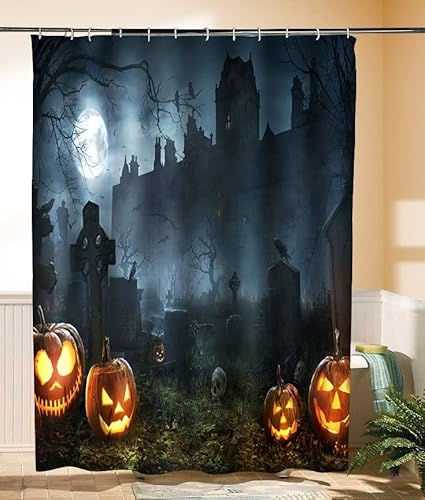 Halloween Shower Curtain, Pumpkin Shower Curtain, Waterproof Black Backdrop Bath Room Shower Curtain With Hooks, Scary Halloween Bathroom Decor #TOP16