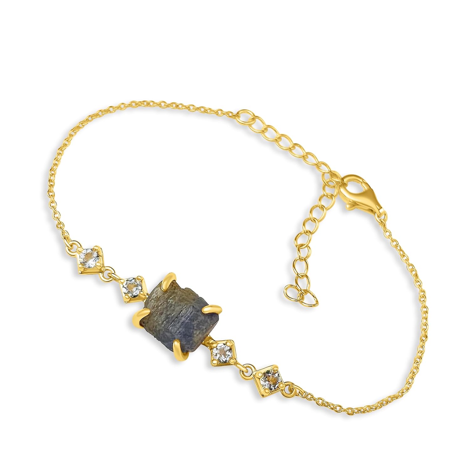 Raw Blue Sapphire Chain Bracelet September Birthstone Gift for Her on Valentine Birthday Christmas Anniversary Mothers day Uniquelan Jewelry (blue-sapphire, yellow-gold)