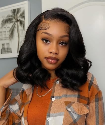 Devonia 16 Inch 13x4 Body Wave Lace Front Wigs Human Hair 200% Density Bob Wig Human Hair Pre Plucked HD Transparent Lace Front Body Wave Bob Wig for Women Natural1/b Color