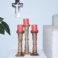 Vista 30 de Juego de tres portavelas de pilar de 6 pulgadas, 12 pulgadas y 6 pulgadas de madera de mango hecho a mano Pulido oscuro