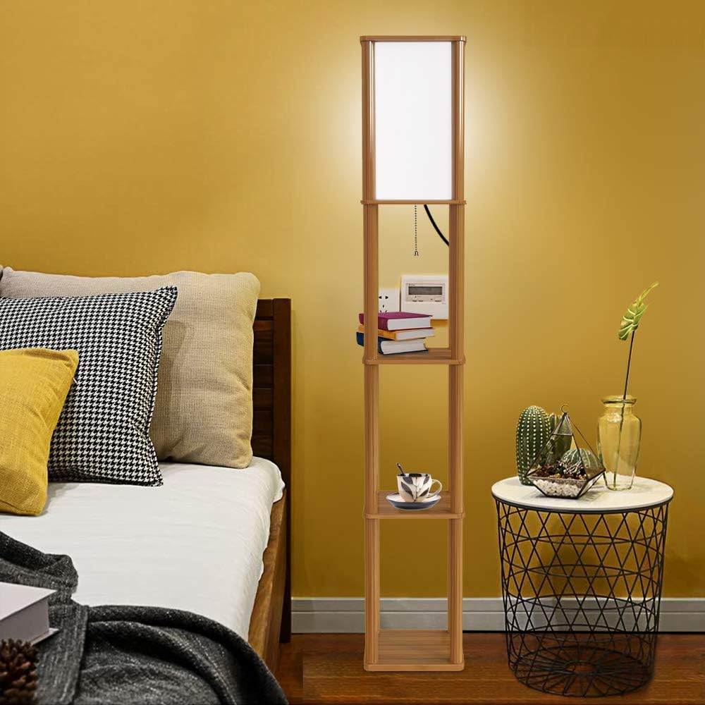 LED Shelf Floor Lamp - 62'' Tall 3 Tier Wood Standing Lamp with Linen Shade Soft Diffused Light/Open Box Display Shelves-Modern Asian Wooden Frame Floor Lights for Living Room Bedroom | Brown