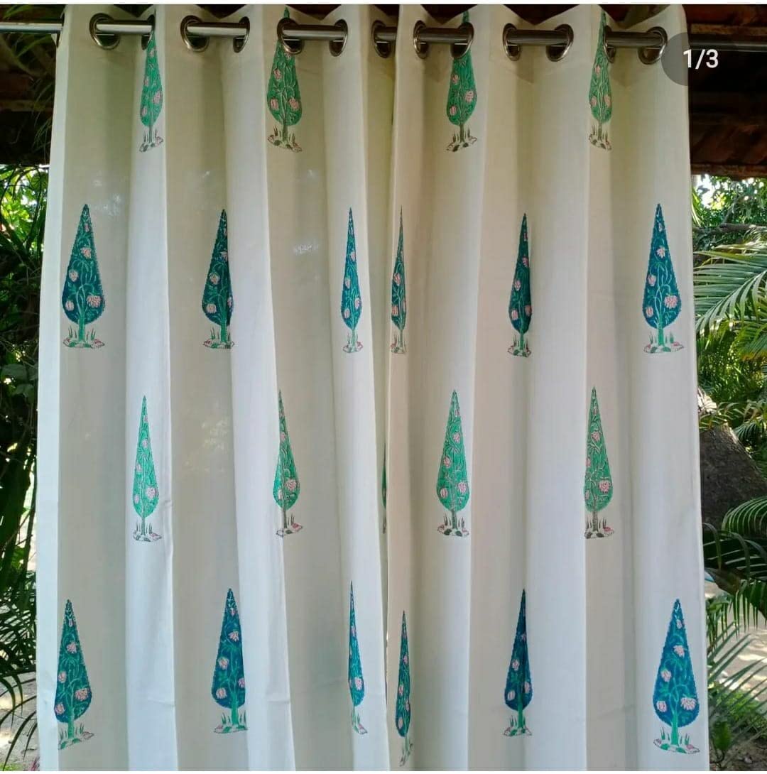 Traditional Wood Hand Block 100% Cotton Blue and Green Cyprus Color Printed Curtains (42X60 Inches)