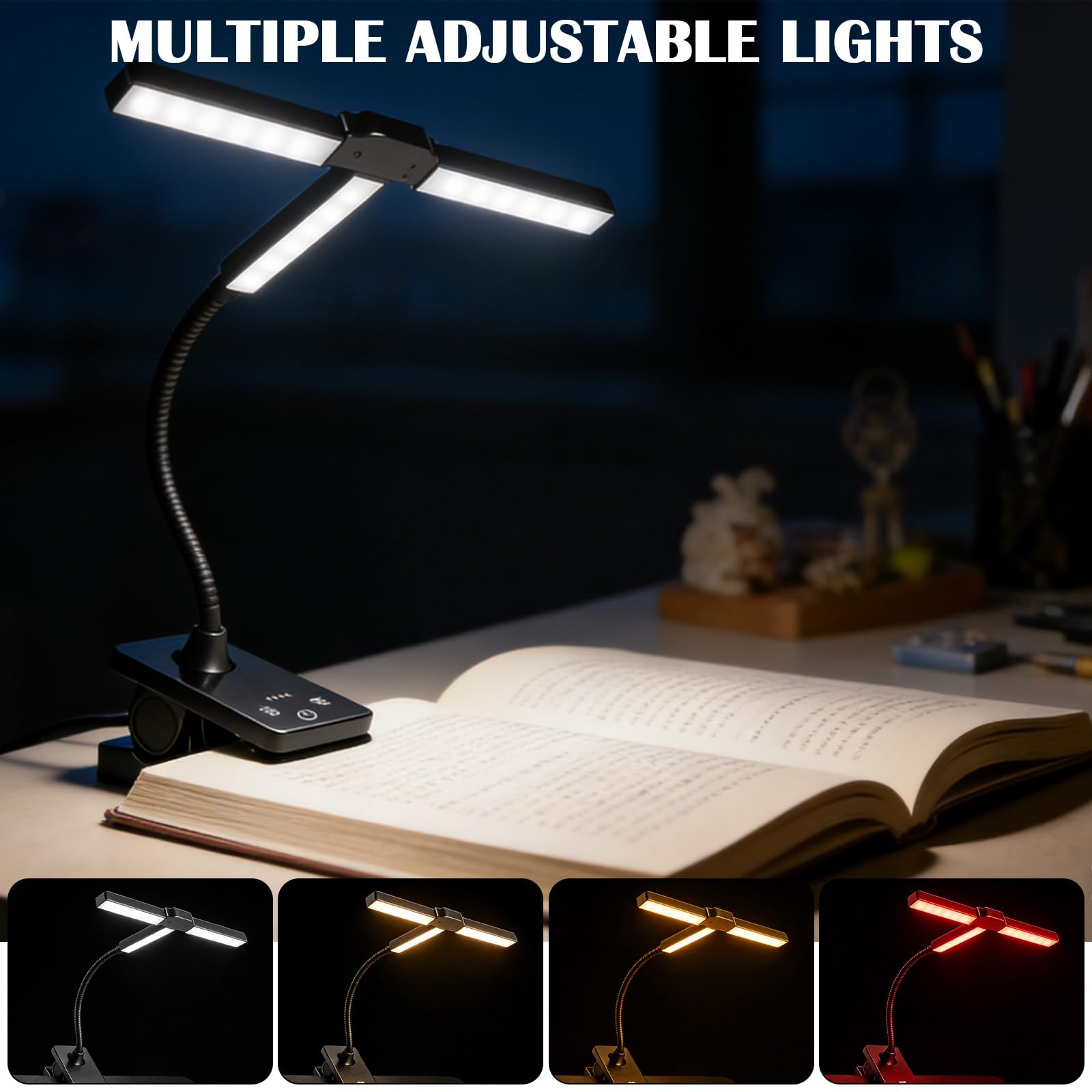GBKDQQ 3 Kopf Notenpultleuchte Mit Clip: Dimmbar Klavierlampe Faltbar, Flexible USB-C Wiederaufladbar, Superhell 57 LEDs, 4 Farben x 12 Helligkeit, für Lesen und Musiknotenbeleuchtung
