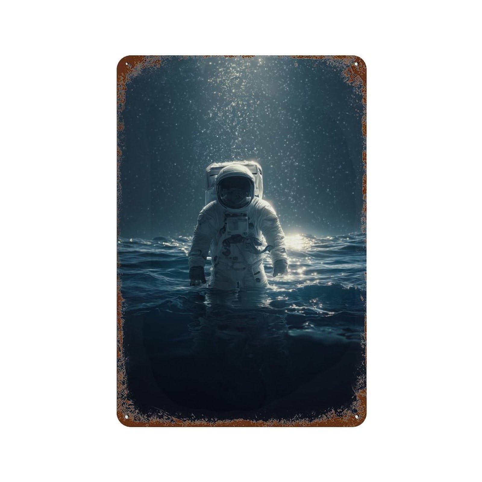 Vintage Rust Metal Sign with Astronaut Floating in Space Design 11.8"x7.9", for Office, Studio And Wall Decor, Farmhouse Wall Decor