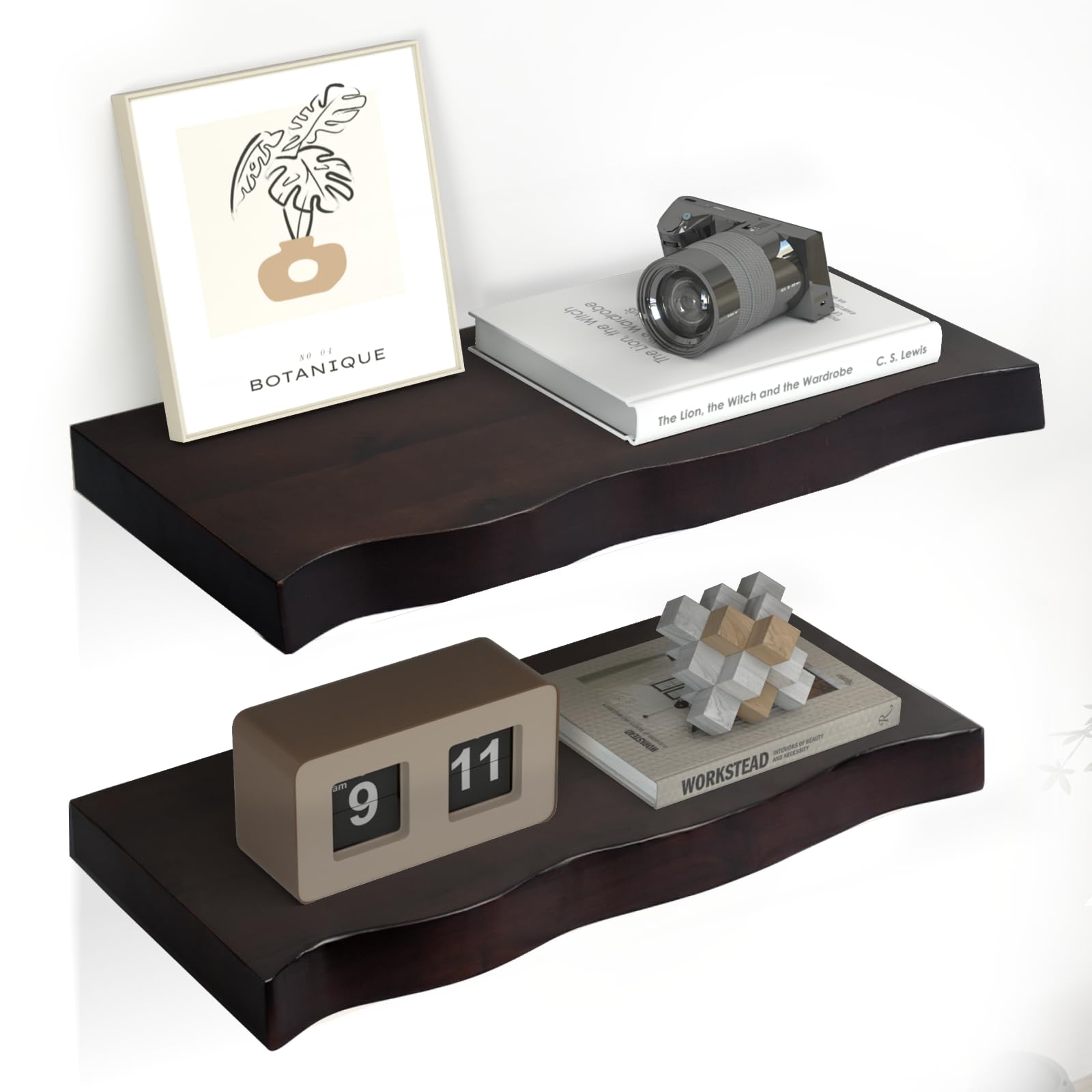 CraftVie Solid Wood Live Edge Floating Shelves – Set of 2, Rustic Live Edge Floating Shelves for Living Room, Bathroom, Bedroom, and Kitchen, 18x8