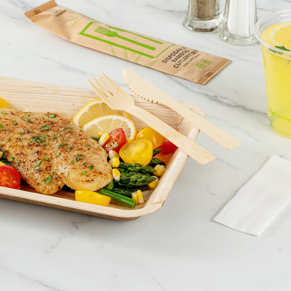 Restaurantware Bambuddha - Juego de utensilios de bambú de 7 pulgadas, 500 artículos de bambú desechables, tenedor, cuchillo y servilleta, acabado suave, cubiertos sostenibles de bambú que resisten el