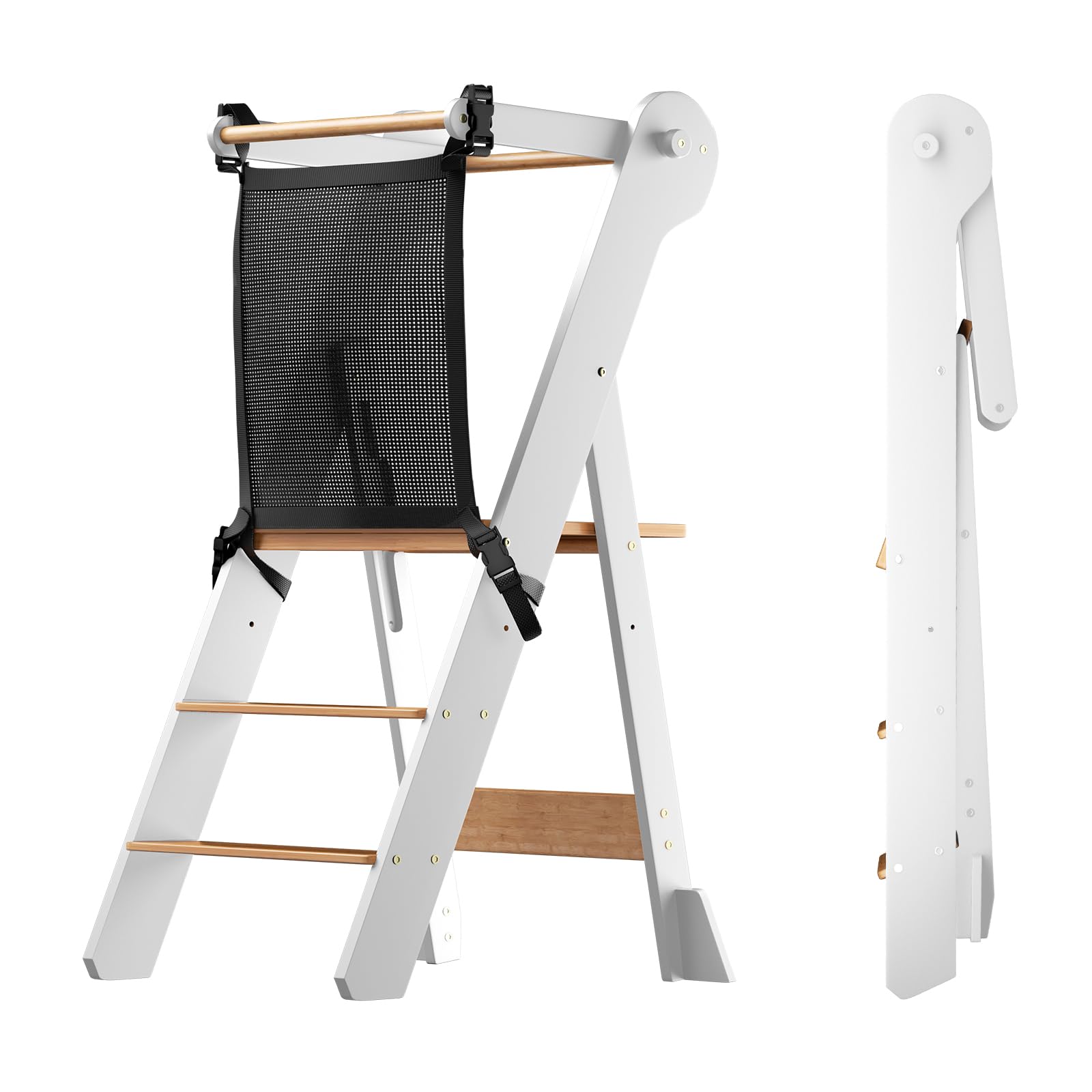 COSYLAND Foldable Toddler Kitchen Stool with Safety Net, Height Adjustable Toddler Standing Tower for Kids, Portable Kitchen Tower Stool Helper for Learning SOR Certified (Snow&Natural)