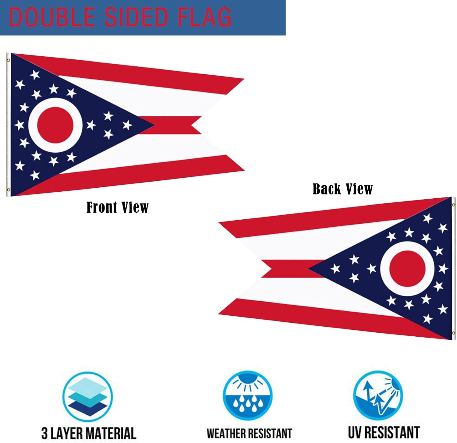 Ohio State Flag 3x5 Double Sided- Heavy Duty 3ply Ohio OH State Flags Super Durable 4 Rows Stitched Edge Canvas Header with 2 Brass Grommets - Image 2