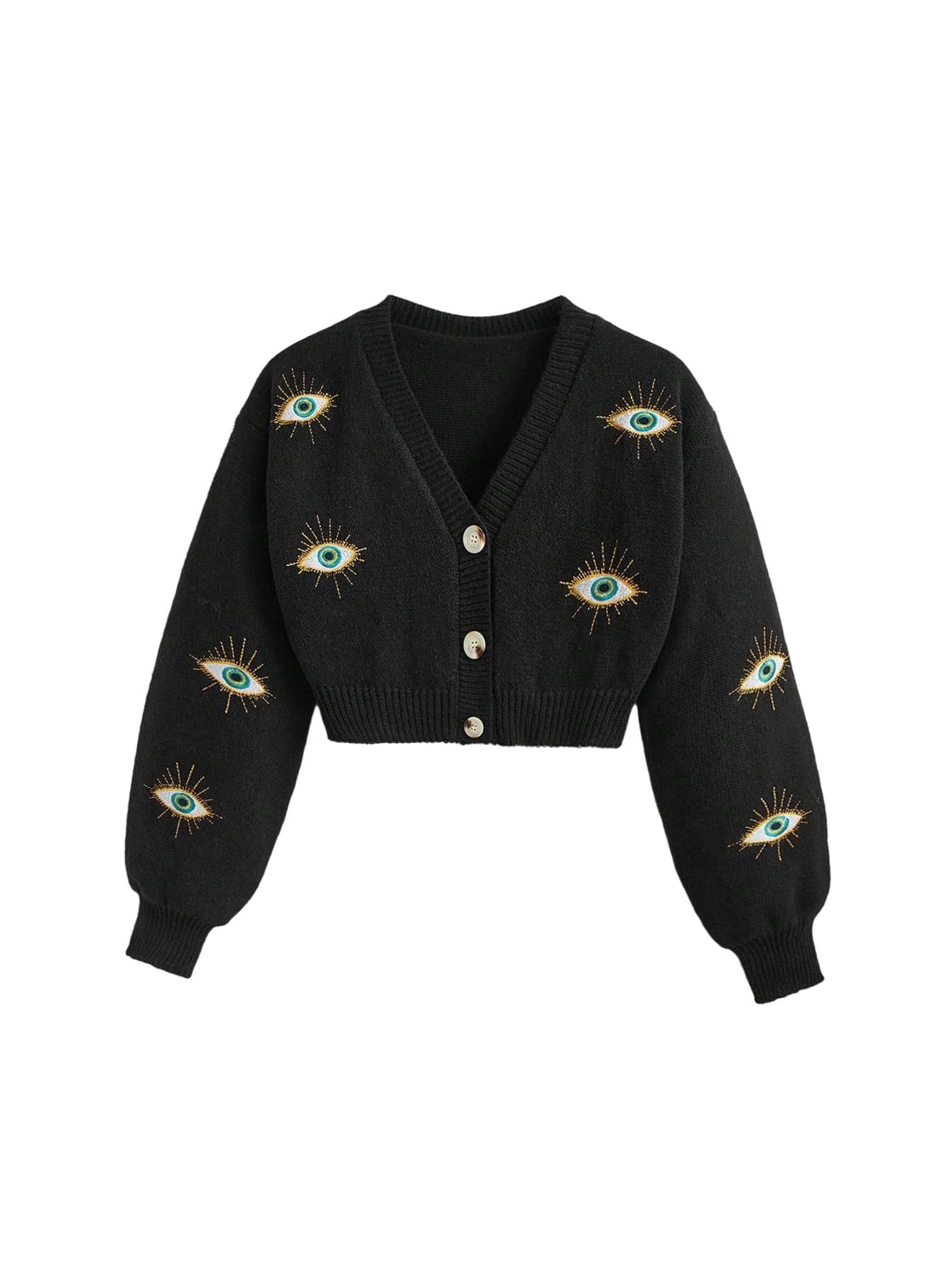 WDIRARA Womens Goth Eye Embroidery Cropped Cardigan Sweaters Button Down V Neck Long Sleeve Knit Outerwear