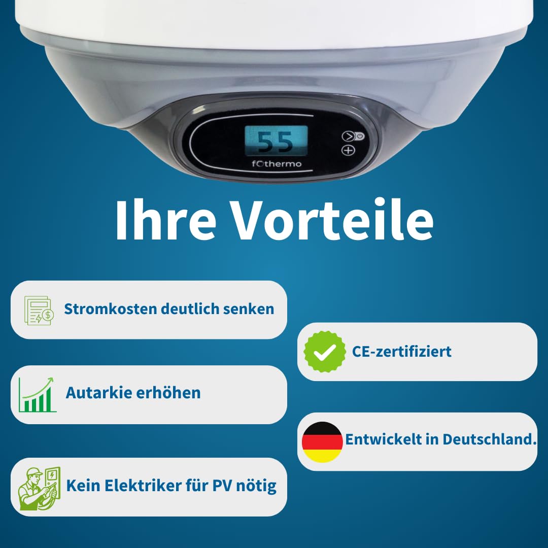 Fothermo® 80 L Photovoltaischer Hybrid-Warmwasserspeicher | PV-Boiler mit MPP-Tracker | 550 W Solar + 1.500 W 230 V Nachheizung | MC4 | 65 °C