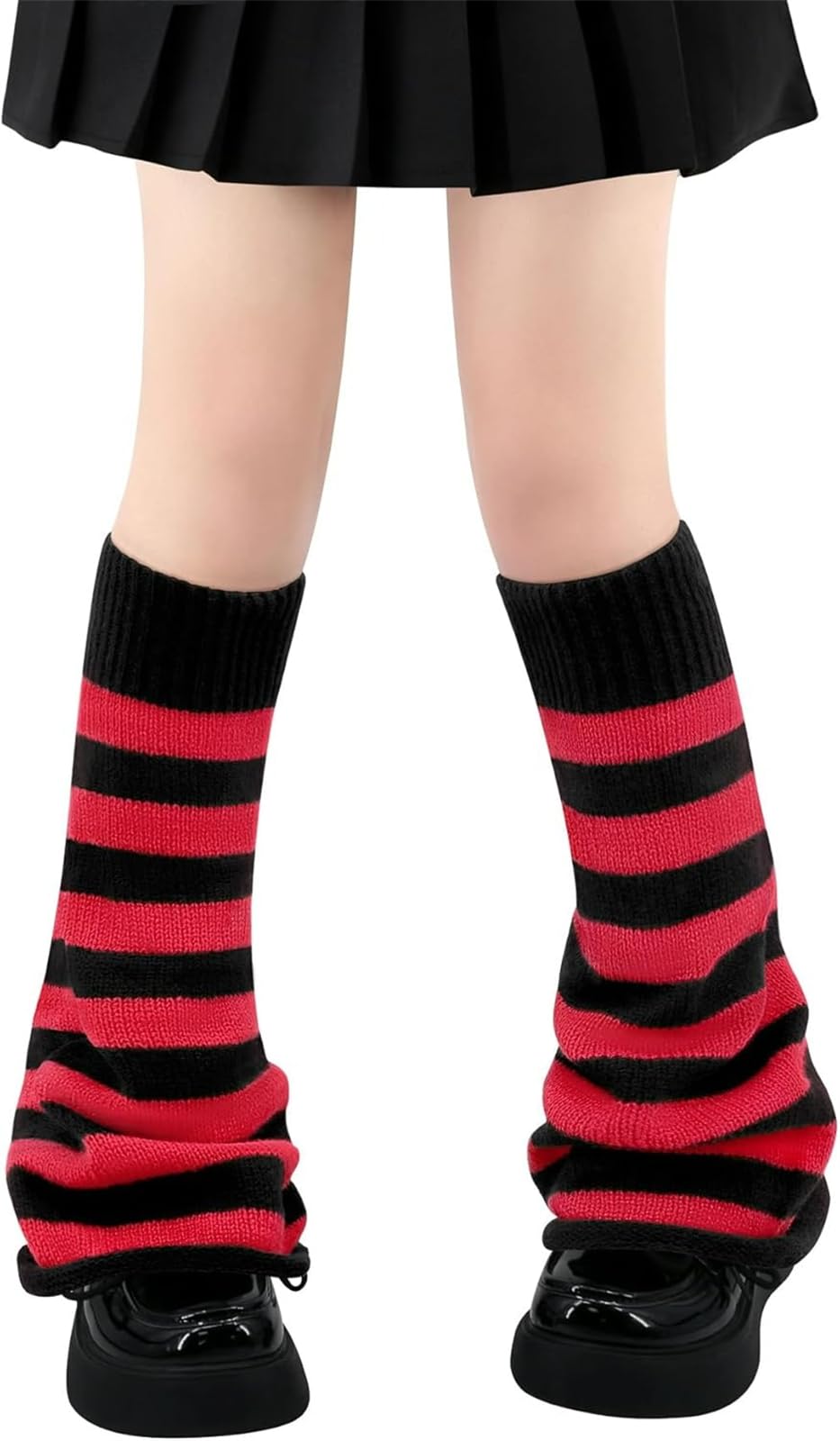 FENXIXONE Y2k Goth Leg Warmer for Women Harajuku Kawaii Fuzzy Long Leg Warmers (One Size, B Black & Red Stripes Flared)