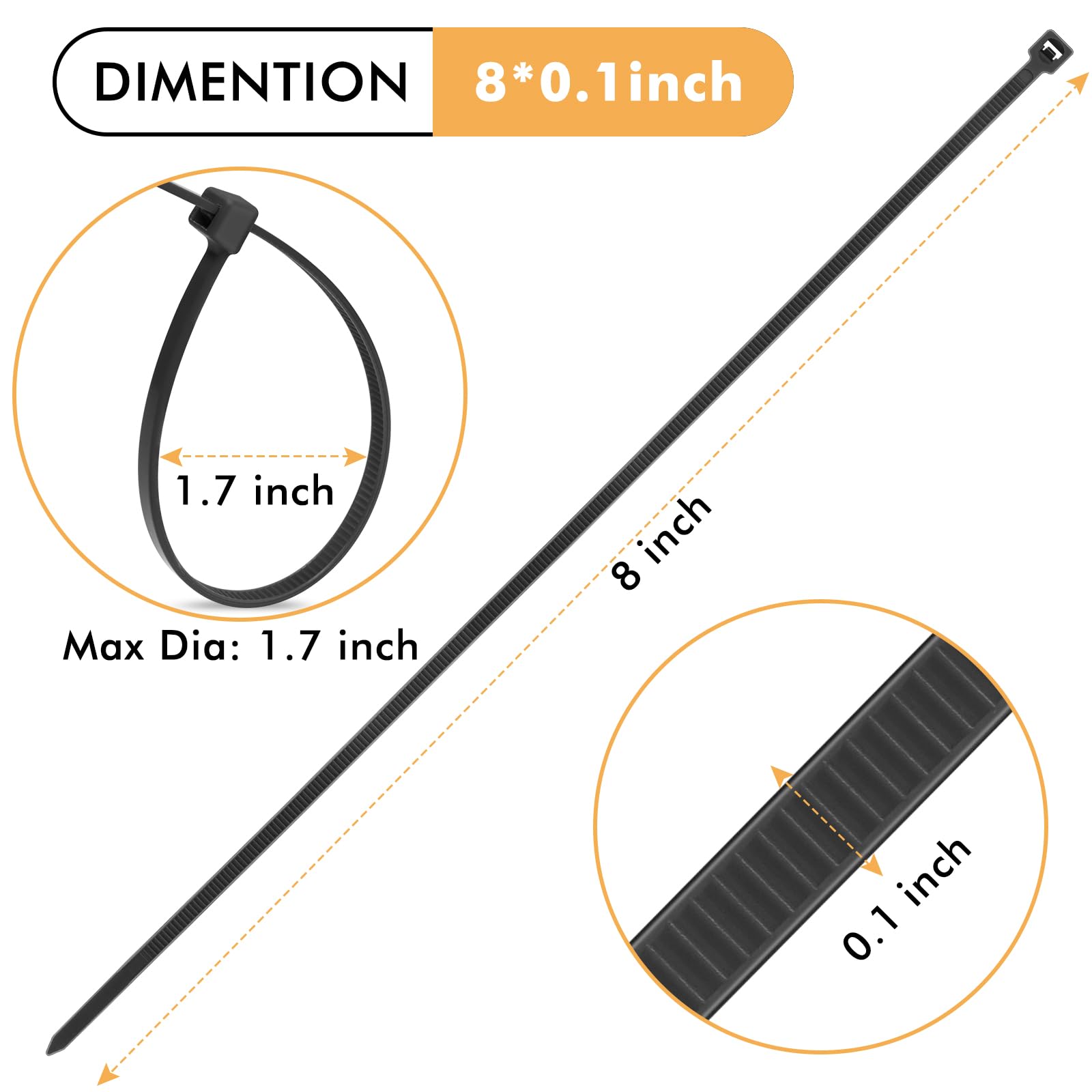Zip Ties 8 Inch – 500-Pack Nylon Cable Ties, 18lb Heavy Duty Self-Locking Wire Ties For Indoor & Outdoor Use (Black)