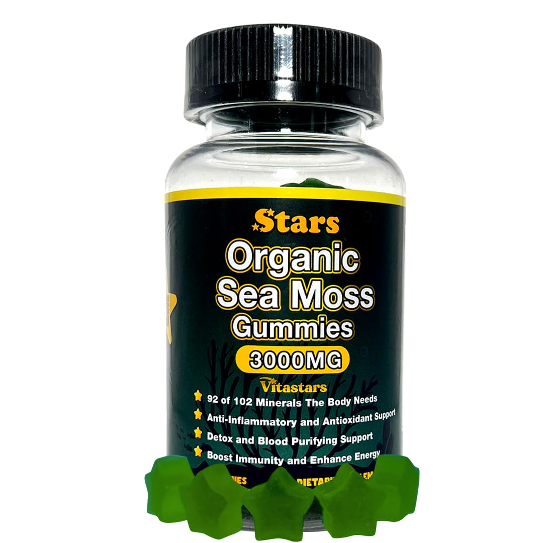 Organic Sea Moss Gummies, Infused with Apple Cider Vinegar, Burdock Root & Bladderwrack, Seamoss Gut Health & Immune Support Supplements for Men and Women, 3000 mg, 60 Star Shaped Gummies