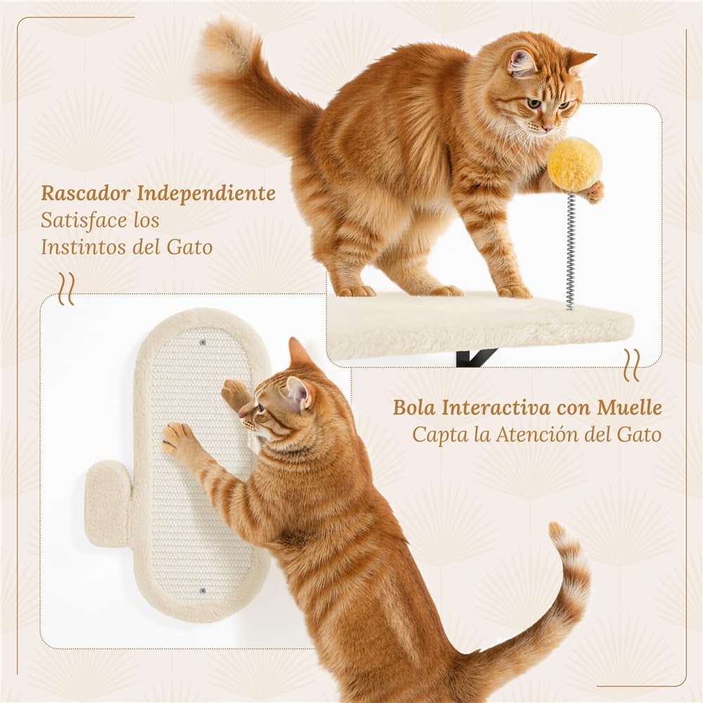 Yaheetech Estante de Escalada para Gatos 4 en 1 Mueble de Pared Beige | Fácil montaje, Ahorra espacio,Duradero,Poste sisal resistente,multifuncional,Bola colgante sustituible, Felpa suave