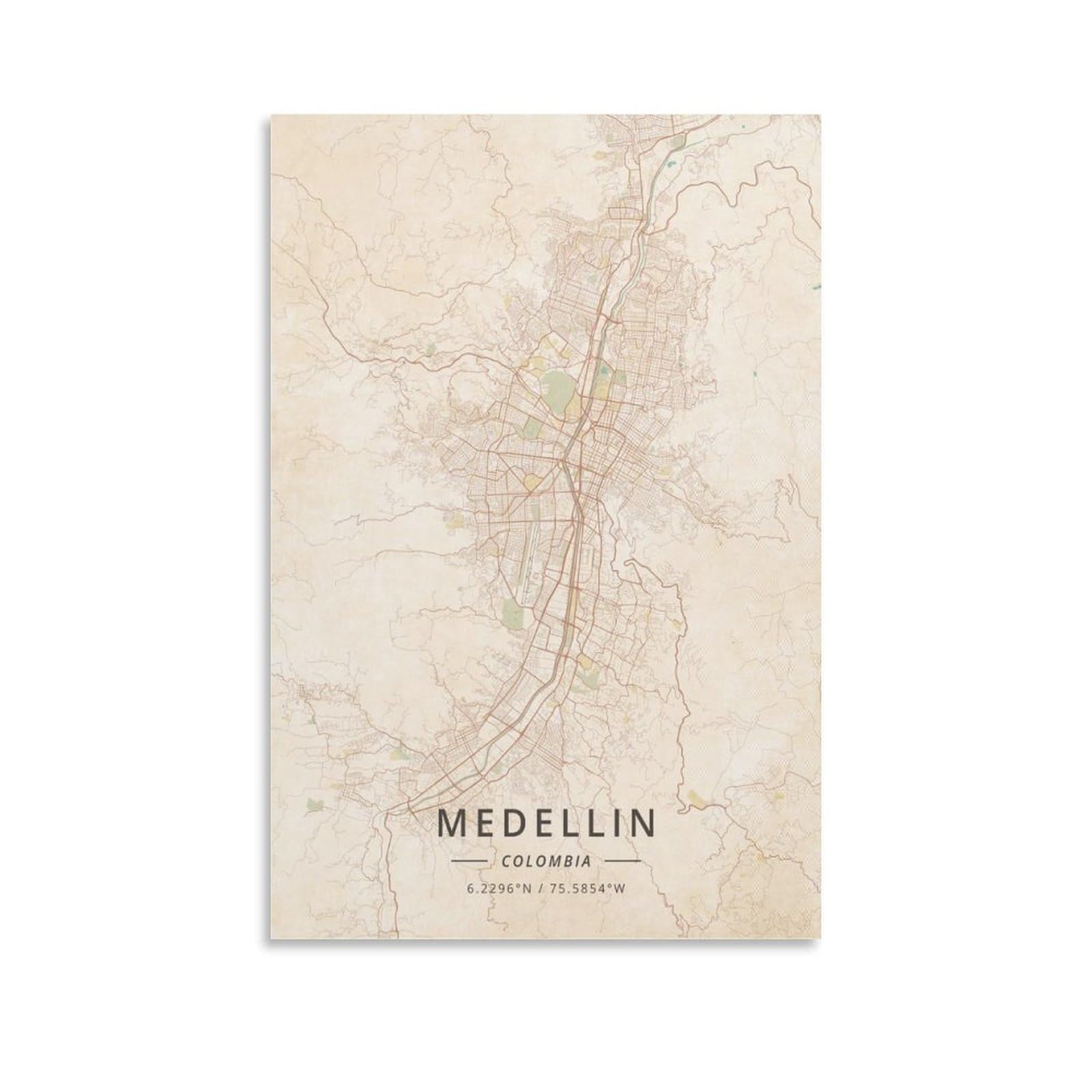 LZTEN Póster de mapa de Medellín Colombia con impresión vintage en lienzo, arte de pared, dormitorio, oficina, habitación, regalo, sin marco, 60 x 90 cm