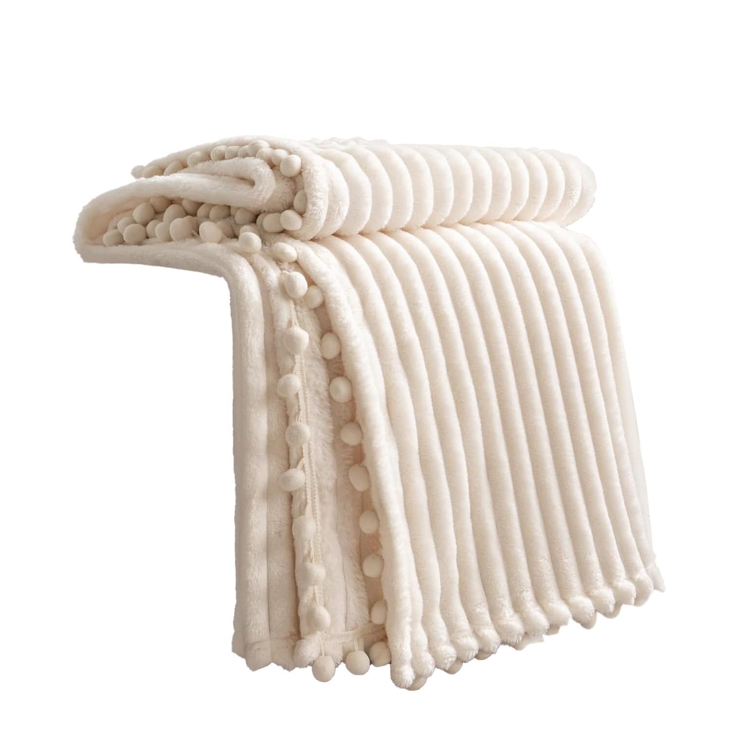 DISSA Fleece Blanket Throw Size – 51x63, Beige – Soft, Plush, Fluffy, Fuzzy, Warm, Cozy – Perfect Throw for Couch, Bed, Sofa - with Pompom Fringe - Flannel Blanket Throw Blanket