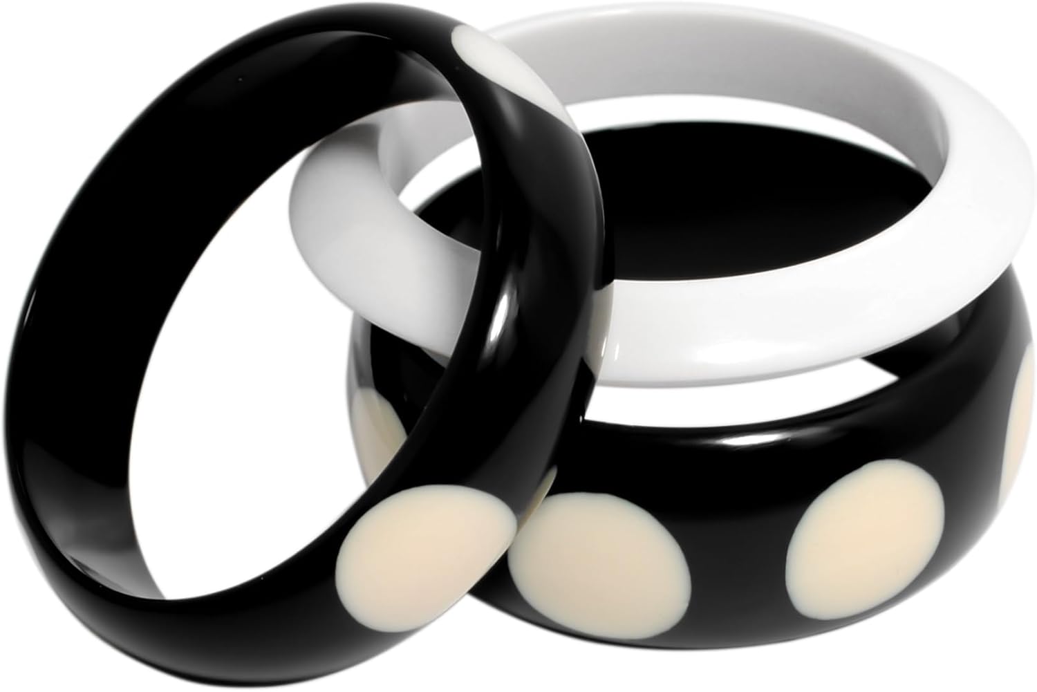 Pure Hands Black and White Resin Bangle Set – Handmade Polka Dot & Sleek Wedge Bangles | Trio Set for Women Studio | Stylish Stackable Gift Jewelry