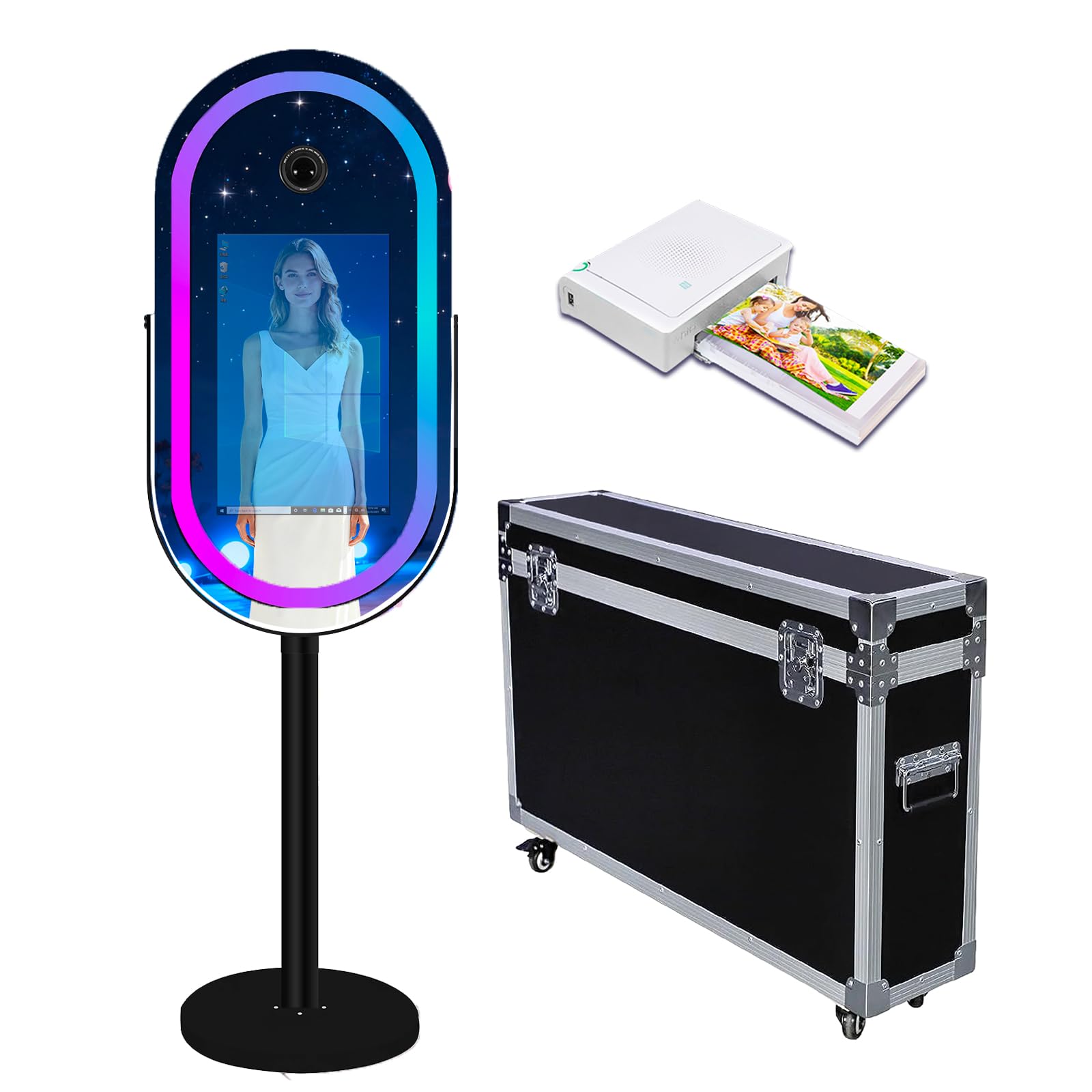 Elliptical Mirror Photo Booth Selfie LED Frame Portable 21.5in Touch Screen Magic Mirror Booth Machine for Party Events Wedding with RGB Light (Black, Photo Booth+Mini Printer)