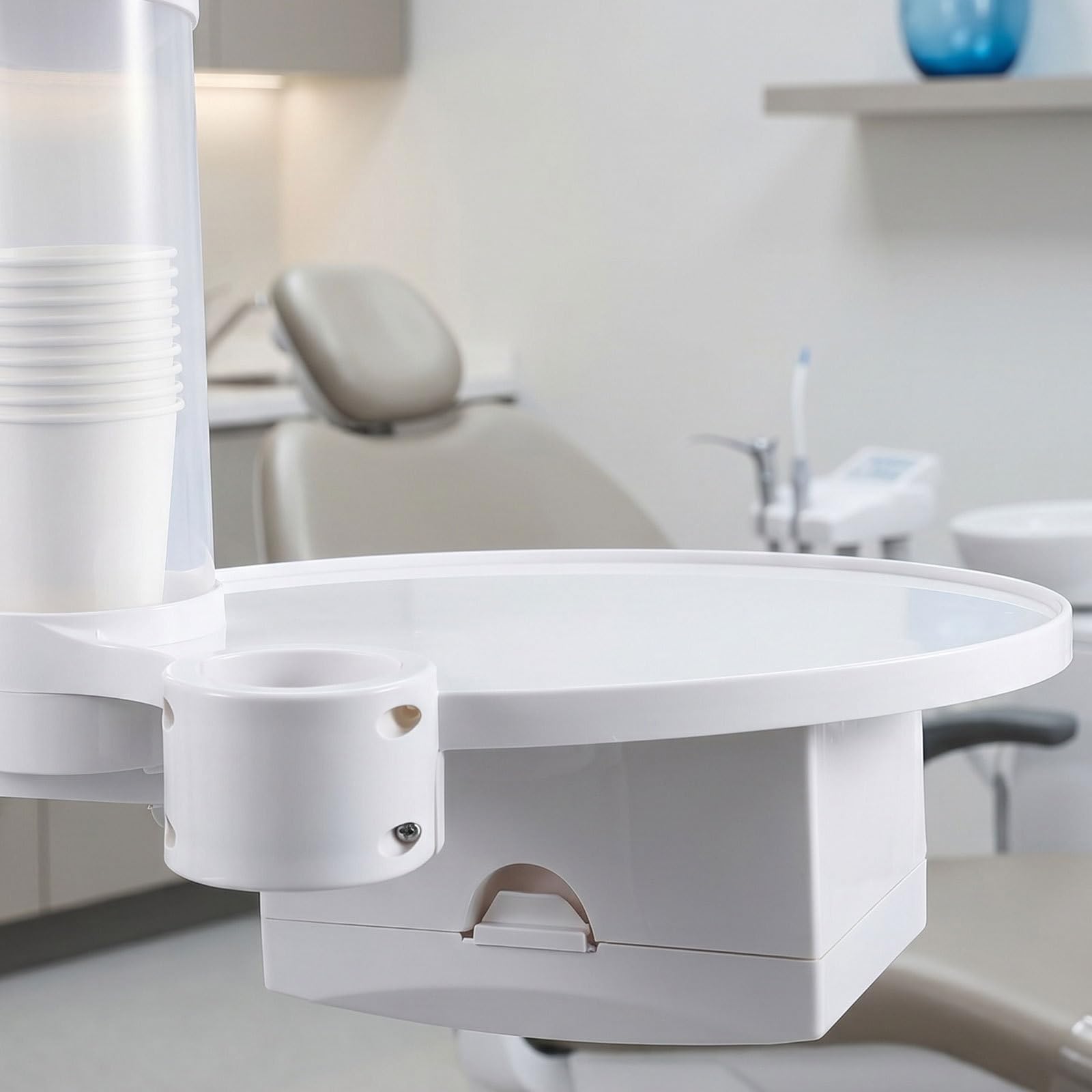 OUNONA Bandeja dental con dispensador de pañuelos: Bandeja multiusos para sillón dental - white. Organizador versátil con portavasos y dispensador de pañuelos para clínica.