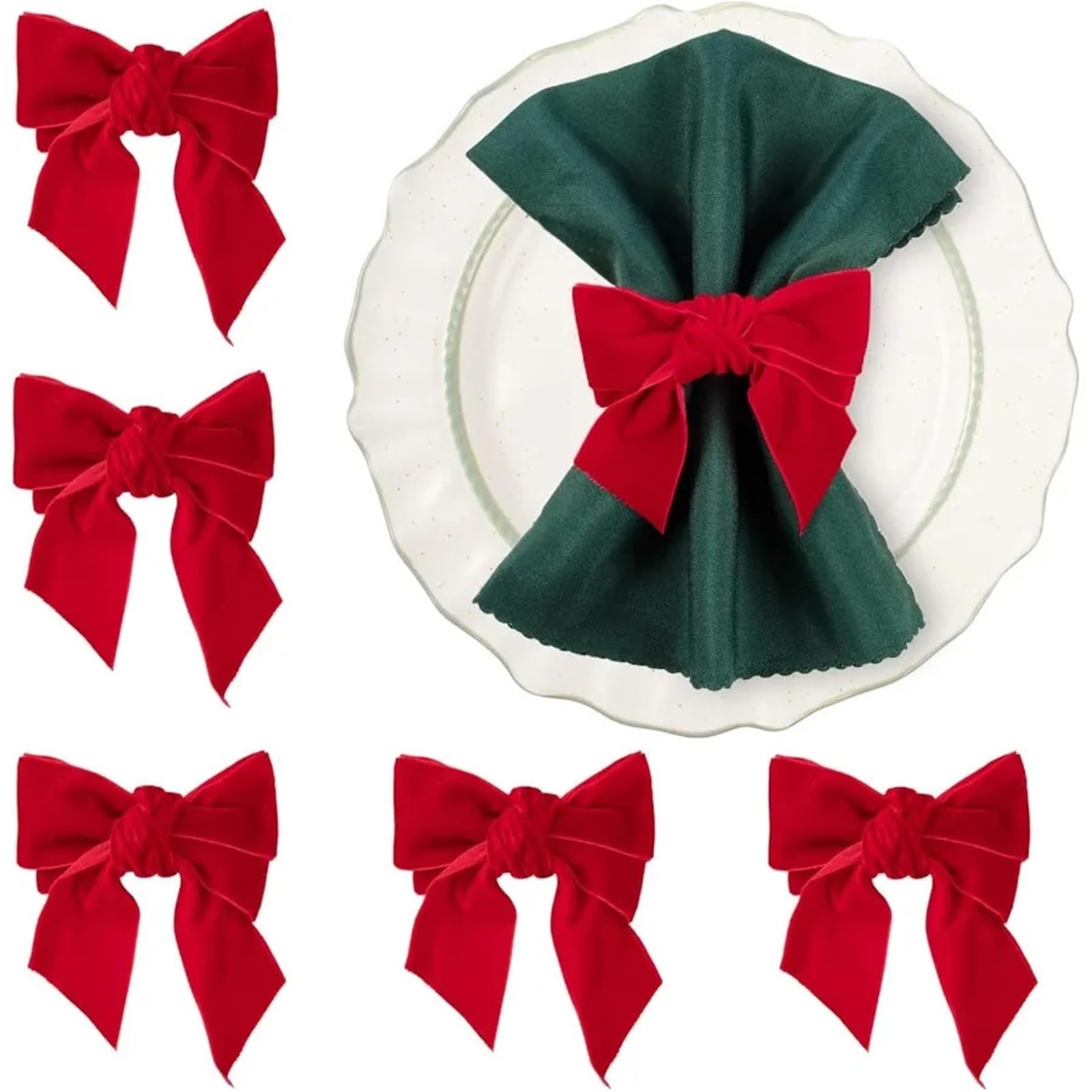 Usohjz One Color 6Pcs Christmas Napkin Rings Red Bow Holder Velvet Buckle