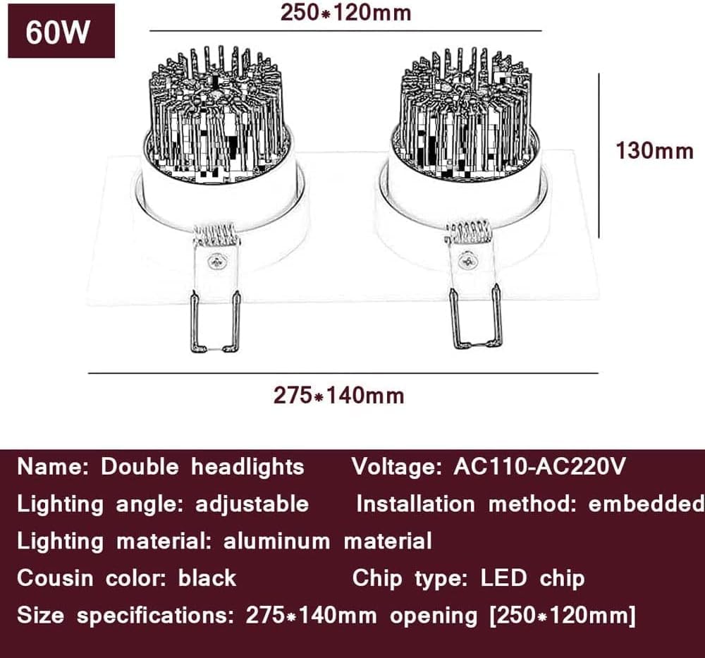 Lampada da soffitto da incasso, faretto da incasso rettangolare nero, lampade retrofit a doppia testa(10w,3000K)
