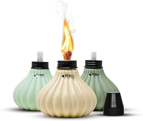Deco Window Paquete de 4 antorchas de mesa para interior y exterior, aceite de citronela, lámpara de vidrio de mesa, linterna multicolor con mecha